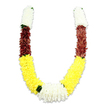 A gently curving, U-shaped ceremonial garland is photographed against a clean white backdrop, its soft shadow lending a sense of depth and form. The piece is clearly handmade from densely packed, fabric petals that imitate small chrysanthemums and marigolds: each arm begins with a plush, cylindrical cluster of pure white blooms, tightly arranged to create a fluffy, cloud-like texture. Below that white band a rich, rust-maroon section of similarly compact petals adds a warm, earthy counterpoint before yielding to the garland's longest sweep of bright, sunshine yellow flowers that form the broad lower curve. At the very bottom, where the two yellow arms meet, a generous, rounded cluster of white chrysanthemum-like blooms anchors the design and acts as the visual focal point. Small, dark green leaf-shaped accents are placed sparingly between colour changes, particularly between the yellow and the central white, introducing a natural contrast that breaks the colour blocks with subtle grace. The synthetic petals catch the light across their sculpted edges, revealing a meticulous layering that reads both abundant and deliberate; close inspection suggests thousands of individual fabric pieces artfully arranged. There is little scent beyond the faint, clean aroma of new fabric - the garland's intent is visual and symbolic rather than olfactory. As a local touch, a florist in Emerson Park might lay this mala across a shrine or use it for a community celebration in nearby Hornchurch or Harrow Lodge Park; its white, yellow and maroon palette traditionally evokes purity, prosperity and devotion. The overall impression is one of careful craftsmanship and quiet reverence, suited to ritual, honouring, or ceremonial display.