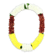 Centered on a stark white background, this open-oval floral garland appears to float, its colours unfolding in a measured, meditative sequence. At the top of the U-shape, a band of snow-white blossoms curves gently, each tiny floret nestled tightly against the next so the surface looks pillowy and pure, like freshly fallen frost along the quiet streets of Emerson Park on a winter morning. From this serene crown, the garland descends on both sides into generous columns of deep maroon and reddish-brown petals, the tones rich and earthy, offering a sense of weight, continuity, and ancestral respect that suits a funeral or remembrance tribute. Along the lower arc, the composition brightens into a swath of clear yellow flowers, their small, rounded shapes creating a soft, sunlit effect that suggests hope and the gentle turning of the seasons. Delicate touches of green foliage are woven in where the colours meet, acting as living separators that introduce a breath of nature into the structured design. The flowers, whether natural or high-quality artificial, are threaded with precision to form a consistently full, almost plush texture throughout the entire piece. The open centre of the garland creates a quiet focal space, inviting the placement of a photograph, candle, or sacred symbol. Overall, the garland feels both traditional and timeless, a piece that could grace a memorial corner in an Emerson Park home, a local chapel, or a spiritual ceremony, carrying with it a soft blend of sorrow, gratitude, and enduring love.
